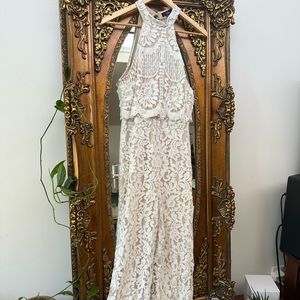 Lulus Britney lace halter jumpsuit perfect for bridal shower